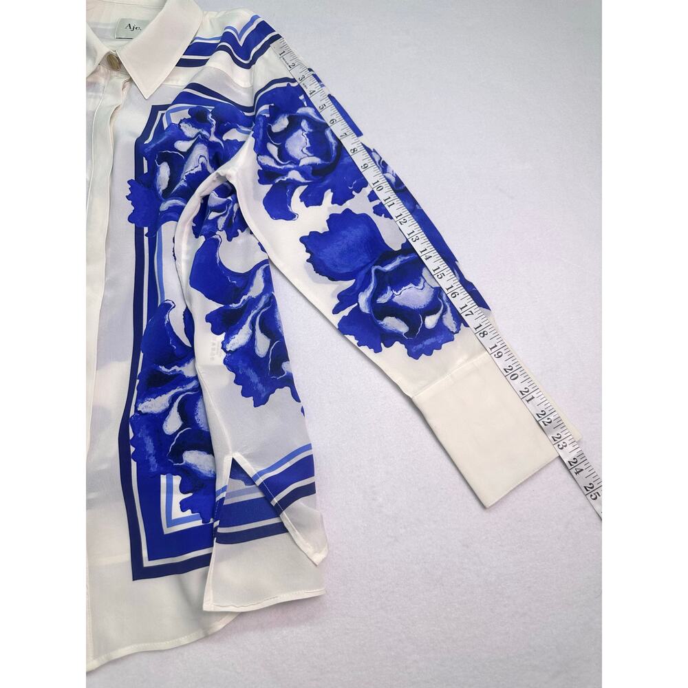 NWOT Aje Atomic 100% Silk Shirt Boldly Blooming Cobalt Floral Blouse Size 8 - Picture 12 of 15